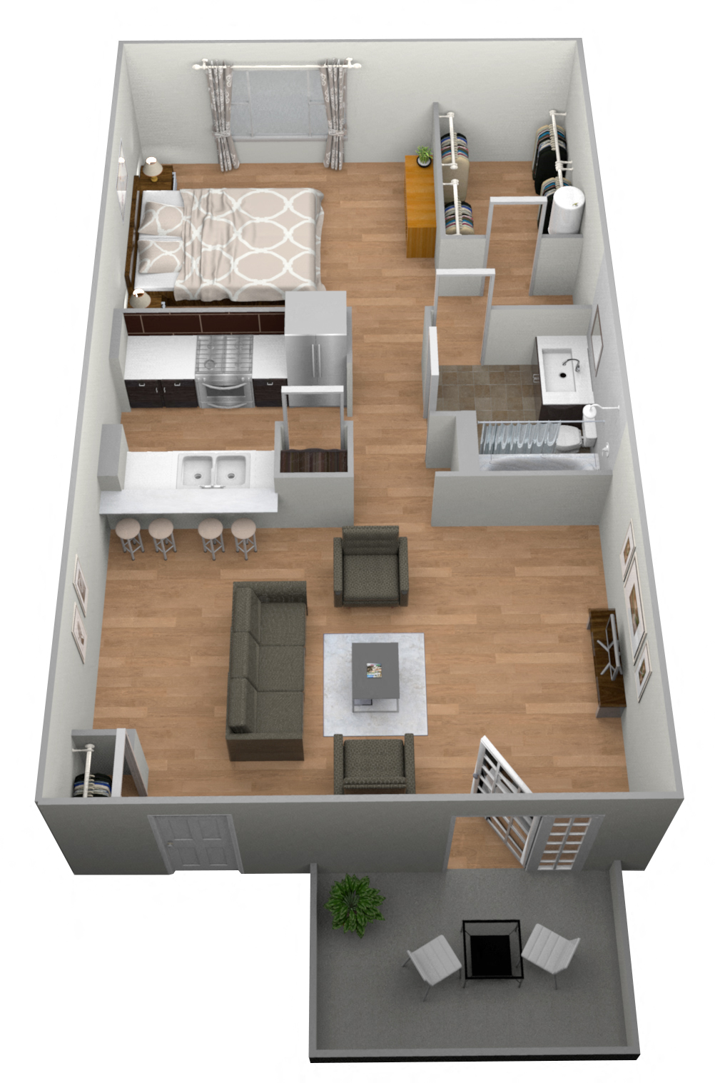Floor plan for 1 bed, 1 bath, 669 sqft